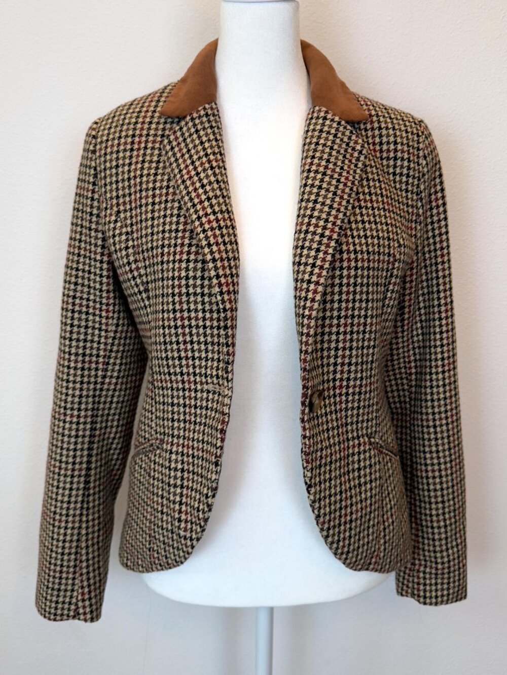 H&M Womens Wool Blend Houndstooth Blazer Equestrian Elbow Patch Jacket M/8 Brown - Picture 4 of 12